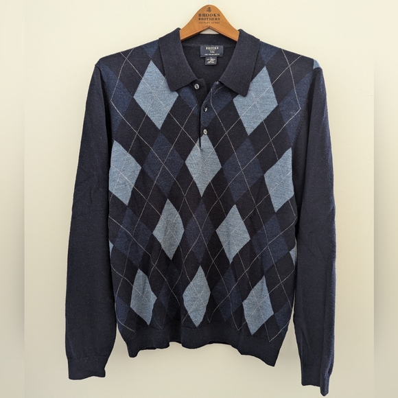 Brooks Brothers Lana Fine Merino Argyle Sweater MEN'S L Collar Italian Woo Navy - Picture 3 of 8